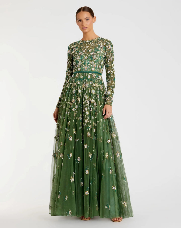 Mac Duggal 995533P Petite Green Embellished High Neck Long Sleeve A Line Gown - FOSTANI.com