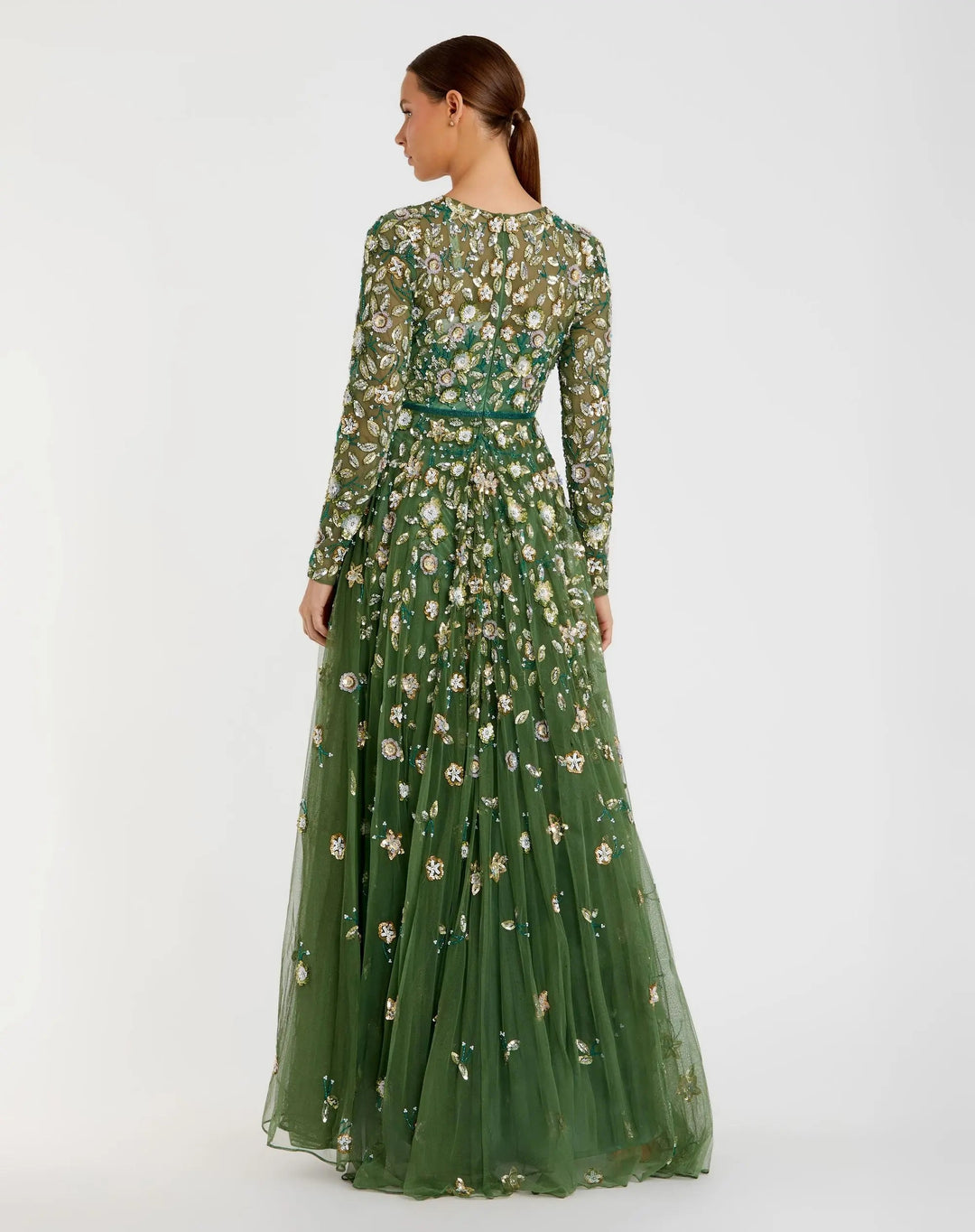 Mac Duggal 995533P Petite Green Embellished High Neck Long Sleeve A Line Gown - FOSTANI.com