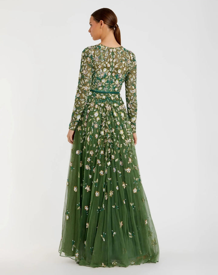 Mac Duggal 995533P Petite Green Embellished High Neck Long Sleeve A Line Gown - FOSTANI.com
