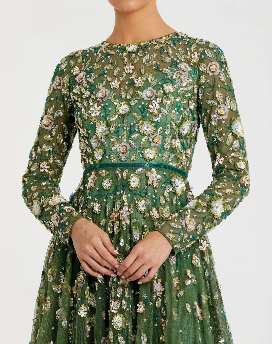 Mac Duggal 995533P Petite Green Embellished High Neck Long Sleeve A Line Gown - FOSTANI.com