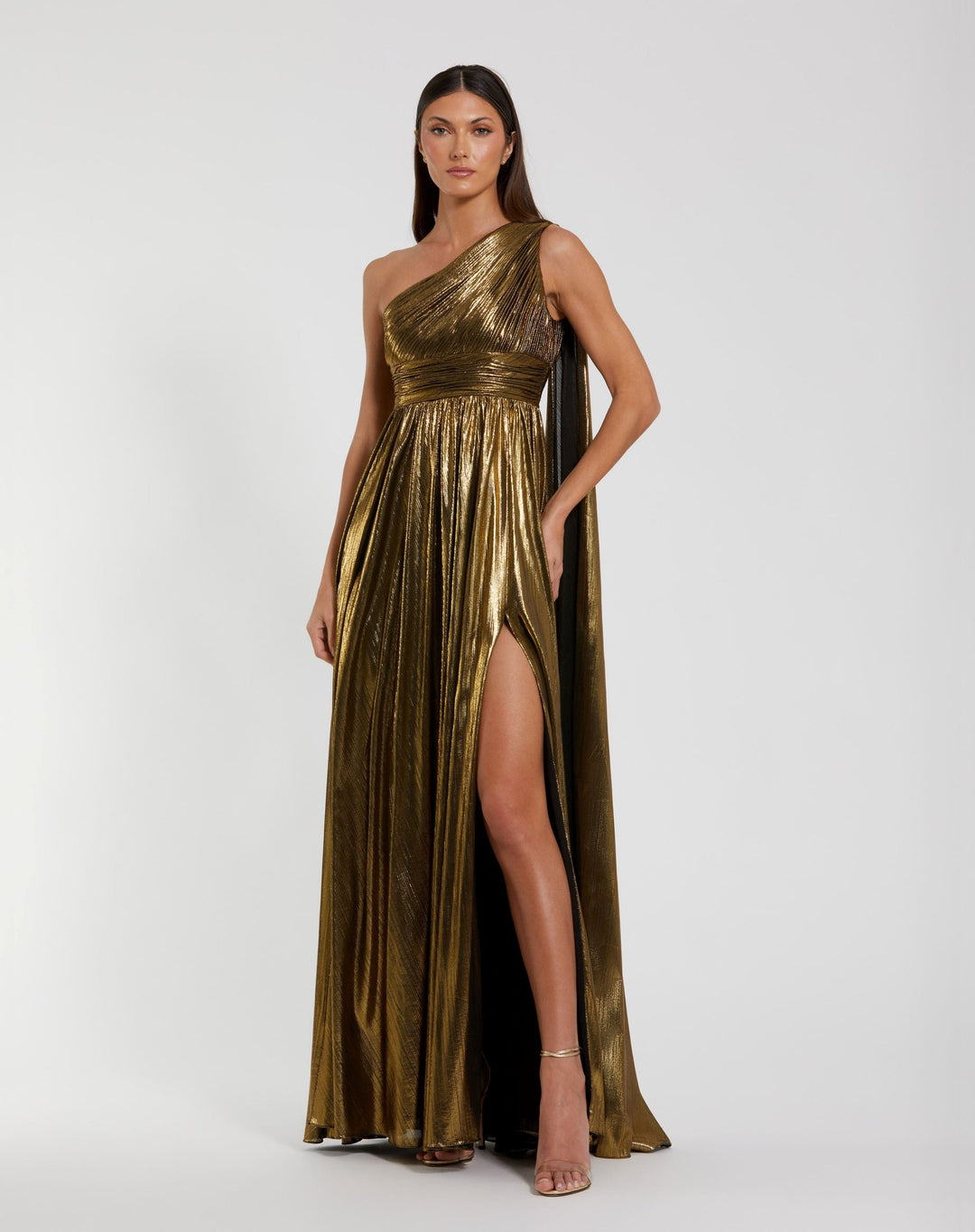 Mac Duggal 56086 Gold Metallic One Shoulder Gown With Slit