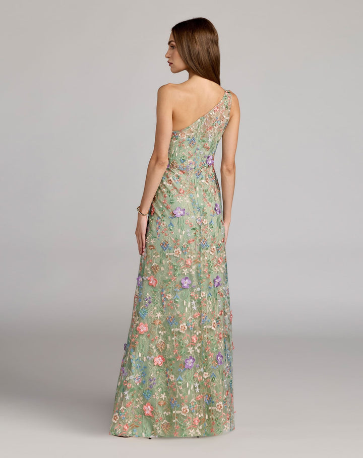 Mac Duggal 9968606P Petite Green One Shoulder Floral Embroidered Gown - FOSTANI.com