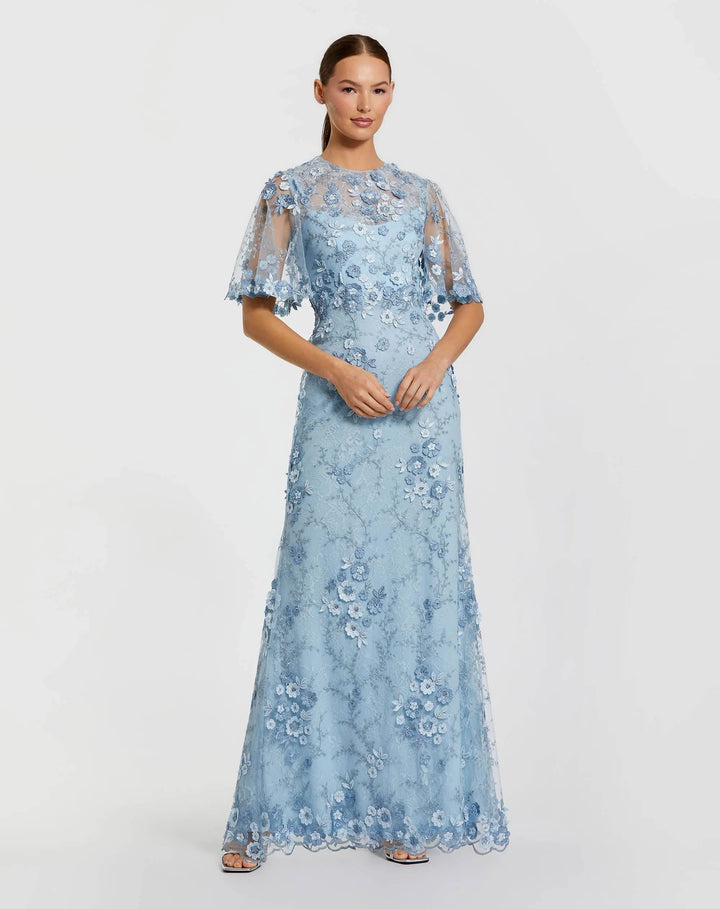 Mac Duggal 9968810P  Petite Blue Flutter Sleeve Floral Embroidered Net Gown - FOSTANI.com