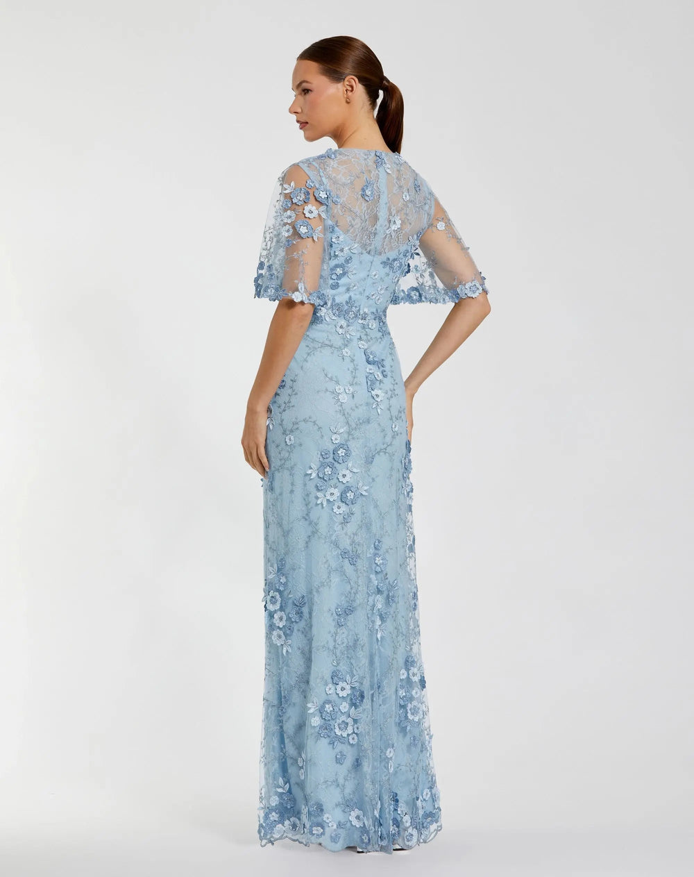 Mac Duggal 9968810P  Petite Blue Flutter Sleeve Floral Embroidered Net Gown - FOSTANI.com