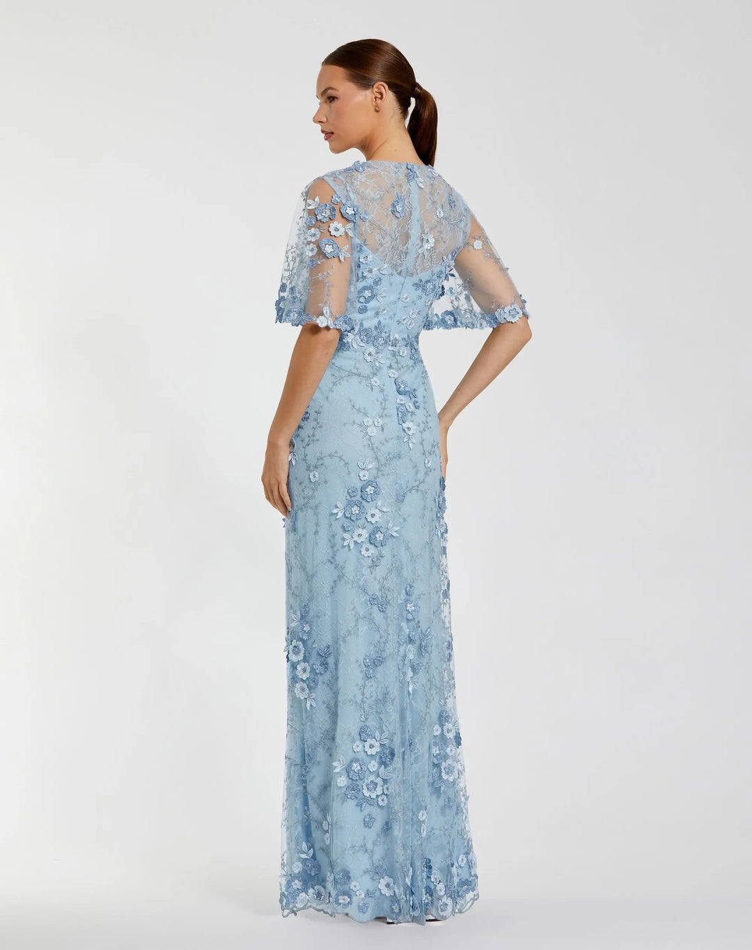 Mac Duggal 9968810P  Petite Blue Flutter Sleeve Floral Embroidered Net Gown - FOSTANI.com