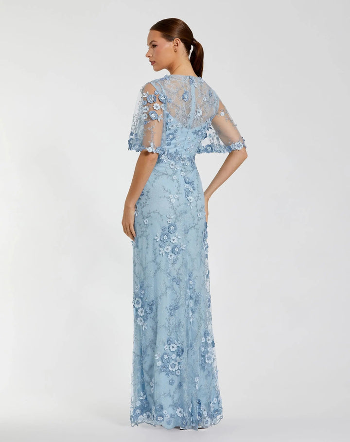 Mac Duggal 9968810P  Petite Blue Flutter Sleeve Floral Embroidered Net Gown - FOSTANI.com
