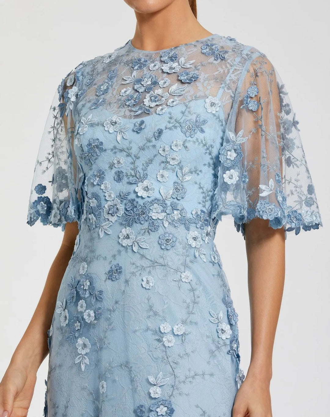 Mac Duggal 9968810P  Petite Blue Flutter Sleeve Floral Embroidered Net Gown - FOSTANI.com