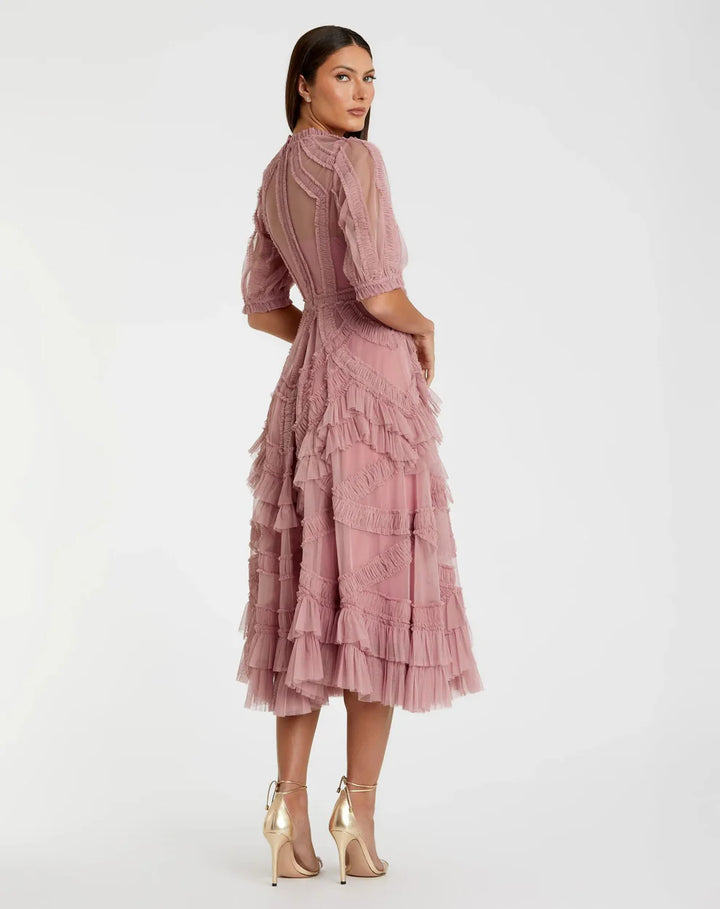 Mac Duggal 8058 High Neck Micro Ruffle Tiered Midi Dress