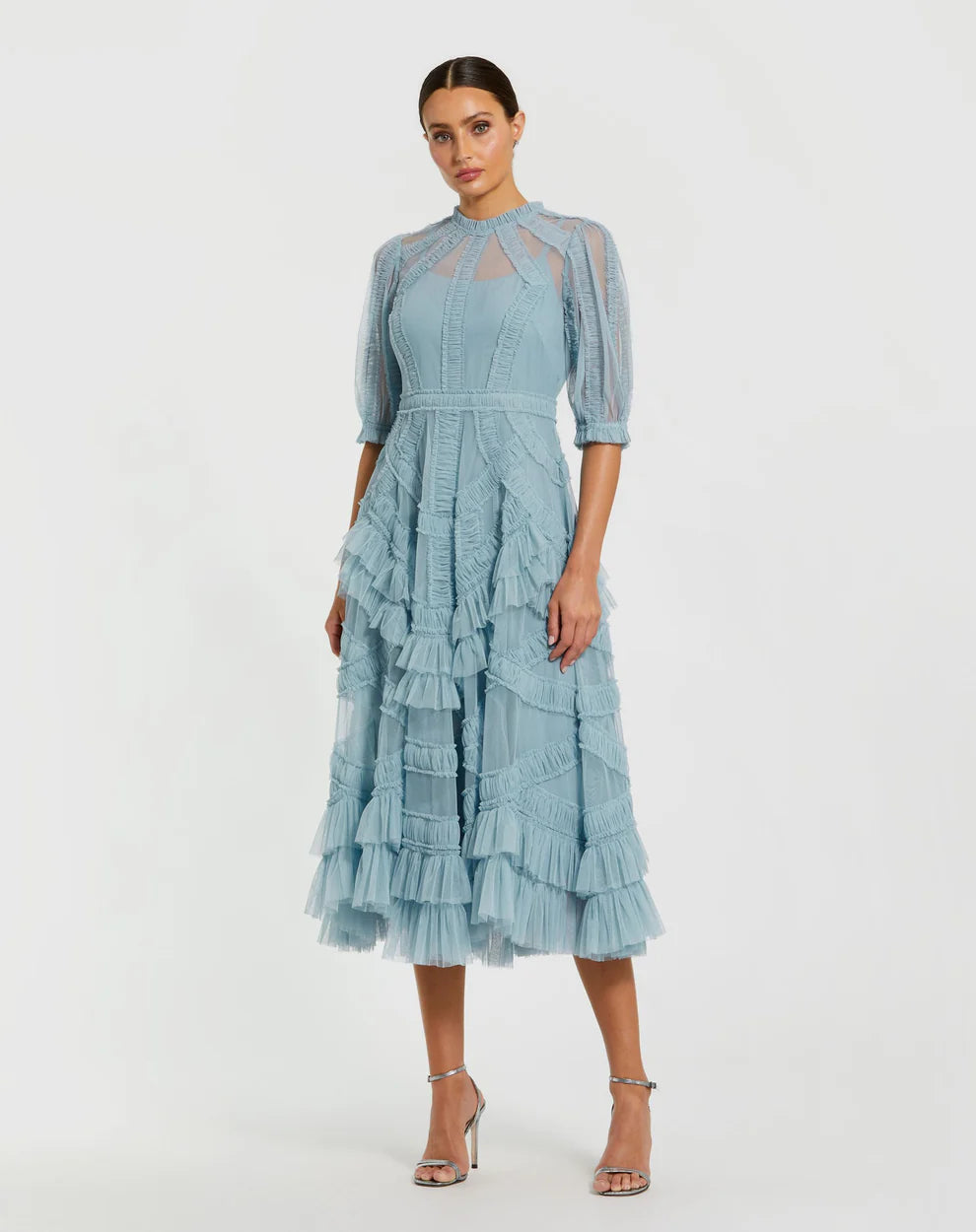 Mac Duggal 8058 High Neck Micro Ruffle Tiered Midi Dress