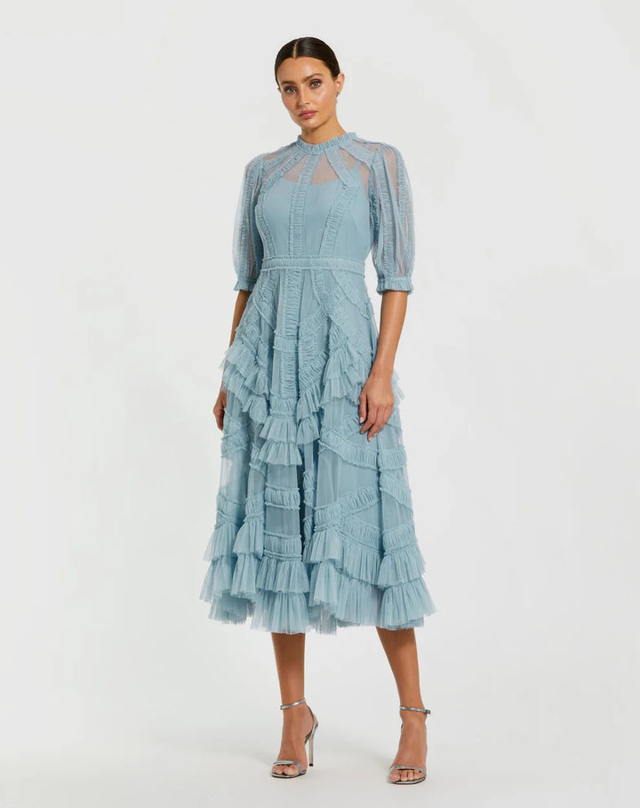 Mac Duggal 8058 High Neck Micro Ruffle Tiered Midi Dress