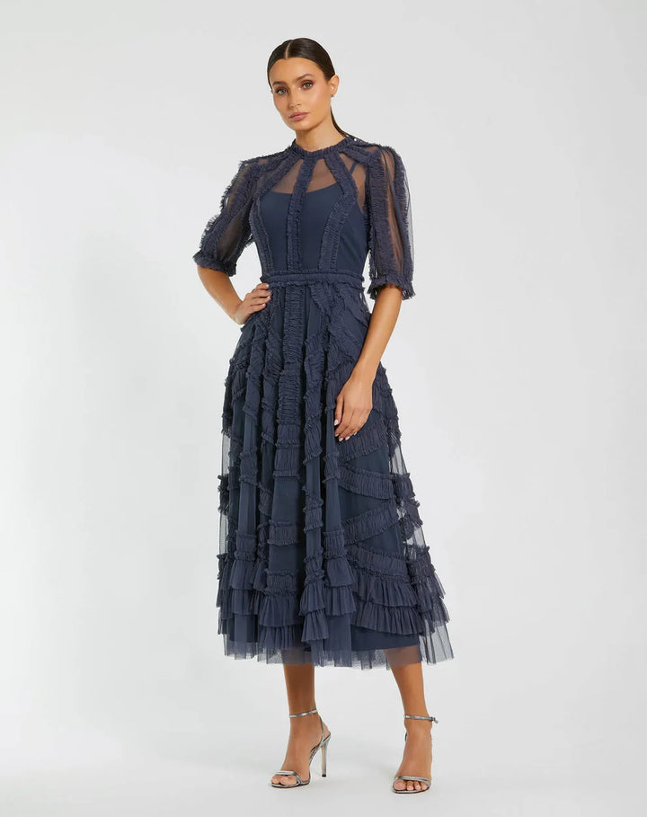 Mac Duggal 8058 High Neck Micro Ruffle Tiered Midi Dress