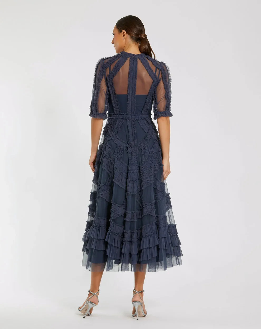Mac Duggal 8058 High Neck Micro Ruffle Tiered Midi Dress