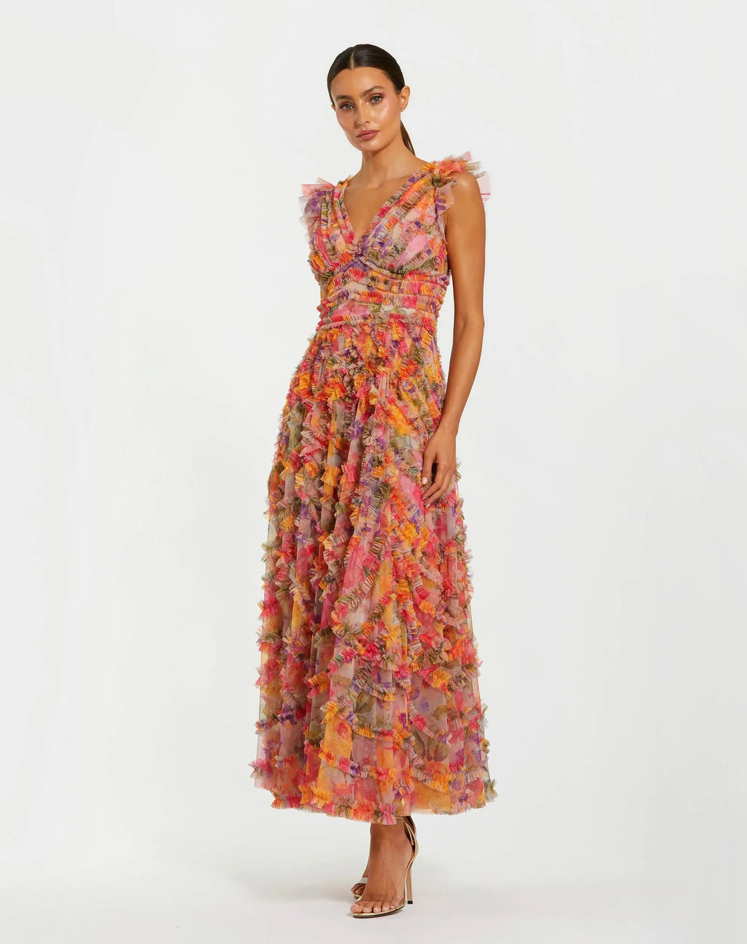 Mac Duggal 998303P Petite Multicolor Floral V-Neck Ruffle Maxi Dress - FOSTANI.com