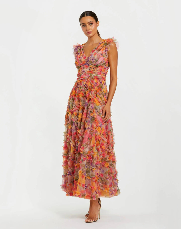 Mac Duggal 998303P Petite Multicolor Floral V-Neck Ruffle Maxi Dress - FOSTANI.com