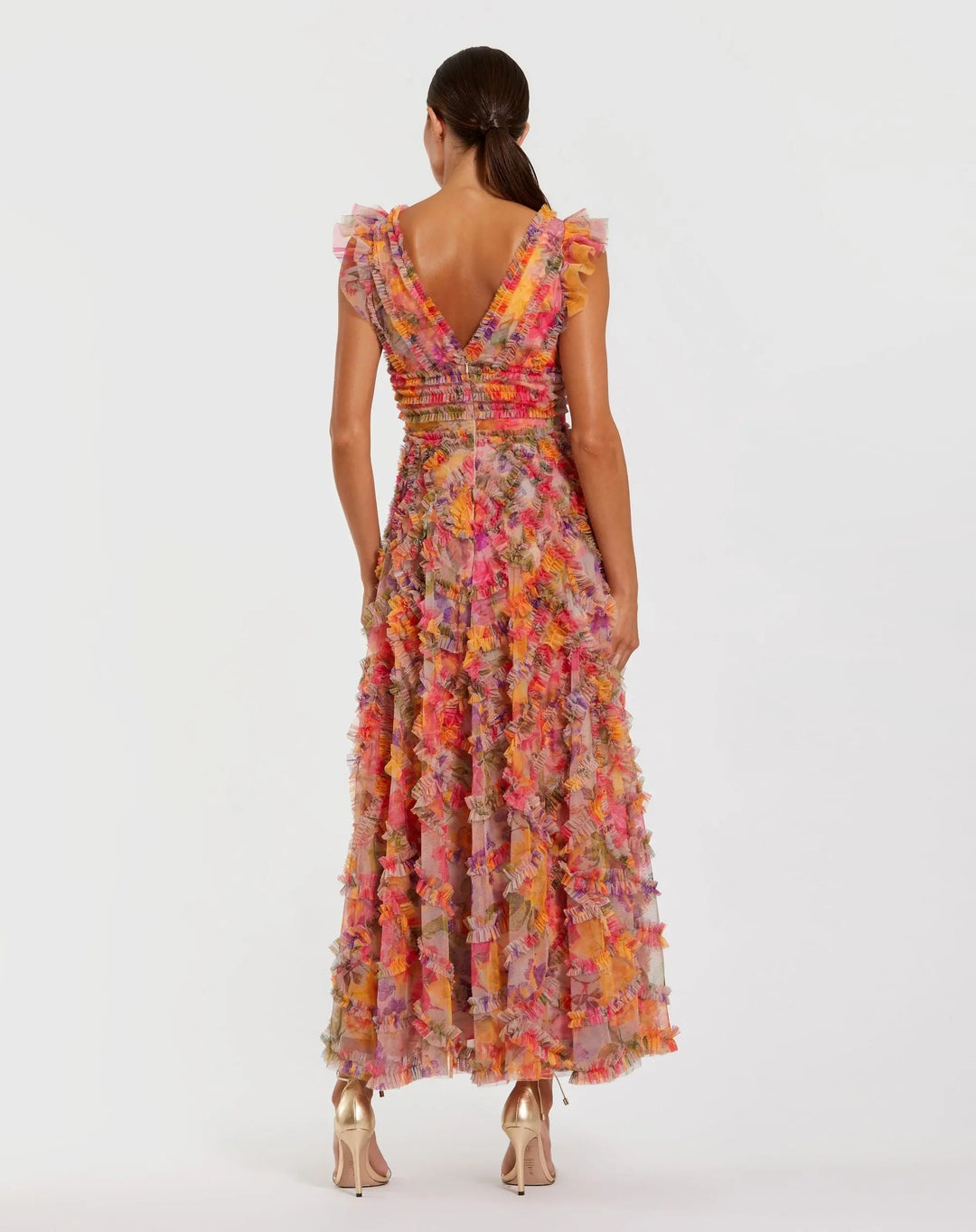 Mac Duggal 998303P Petite Multicolor Floral V-Neck Ruffle Maxi Dress - FOSTANI.com