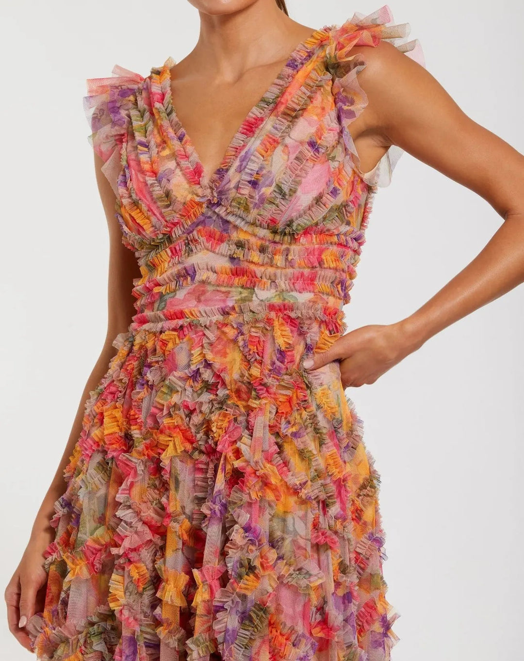 Mac Duggal 998303P Petite Multicolor Floral V-Neck Ruffle Maxi Dress - FOSTANI.com