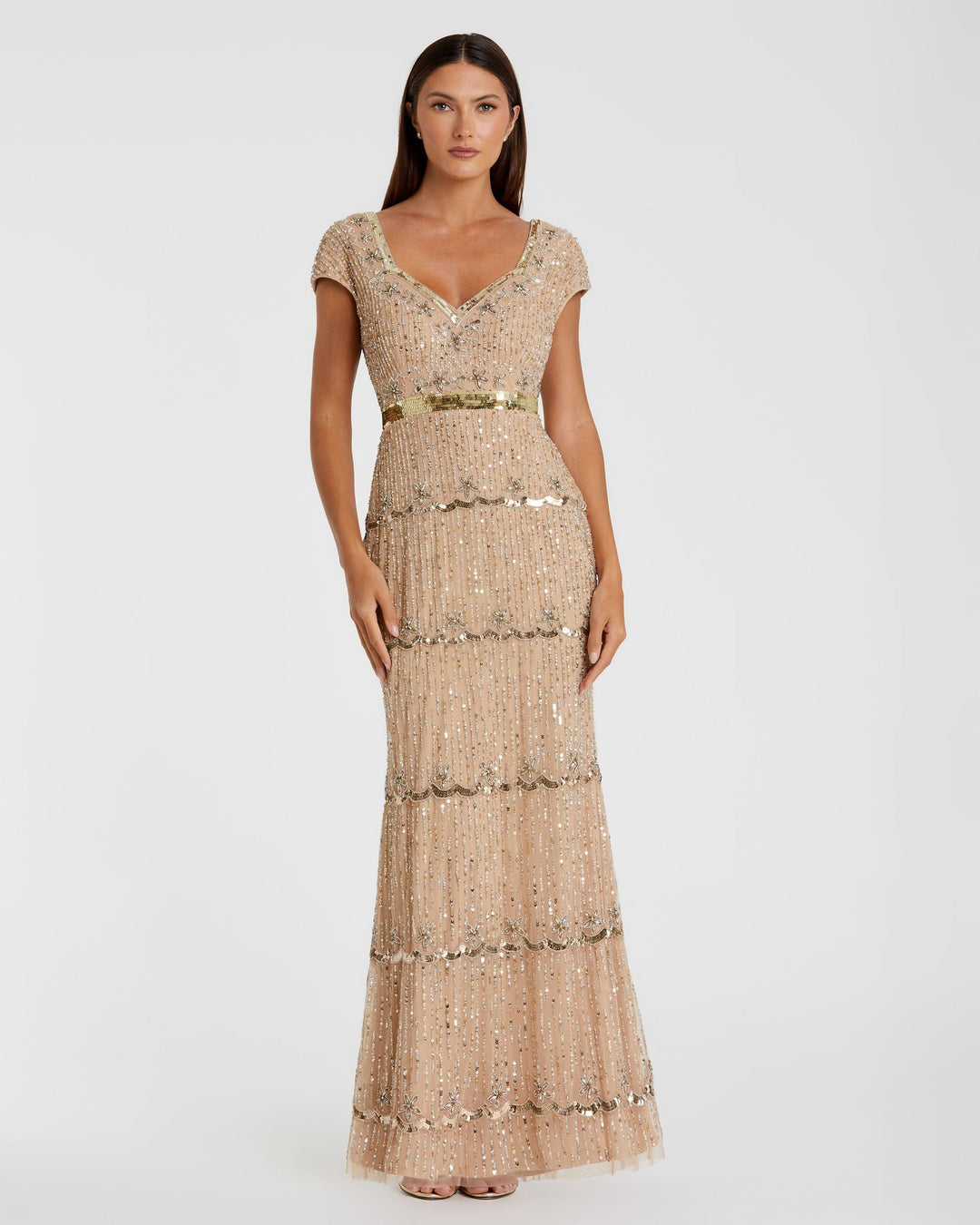 Mac Duggal 999089P Petite Gold Sequin Cap Sleeve Sweetheart Column Gown - FOSTANI.com