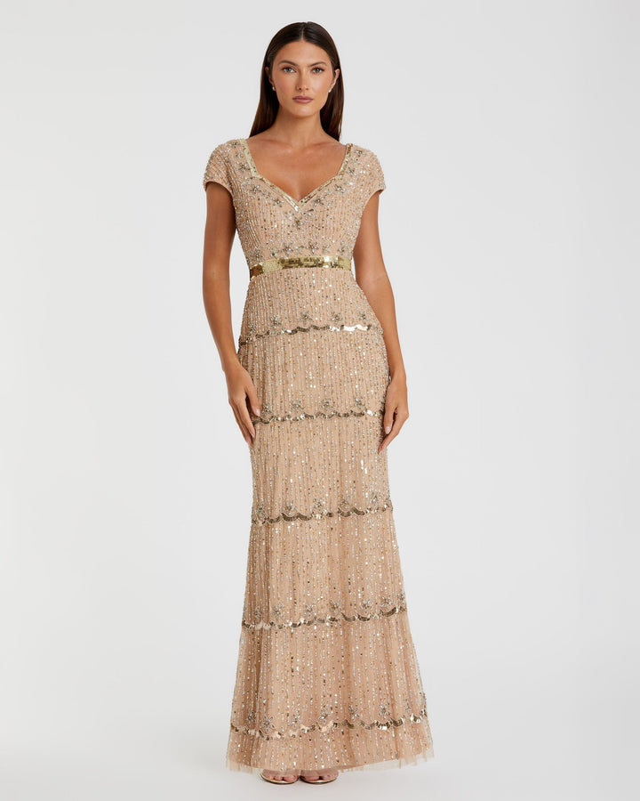 Mac Duggal 999089P Petite Gold Sequin Cap Sleeve Sweetheart Column Gown - FOSTANI.com