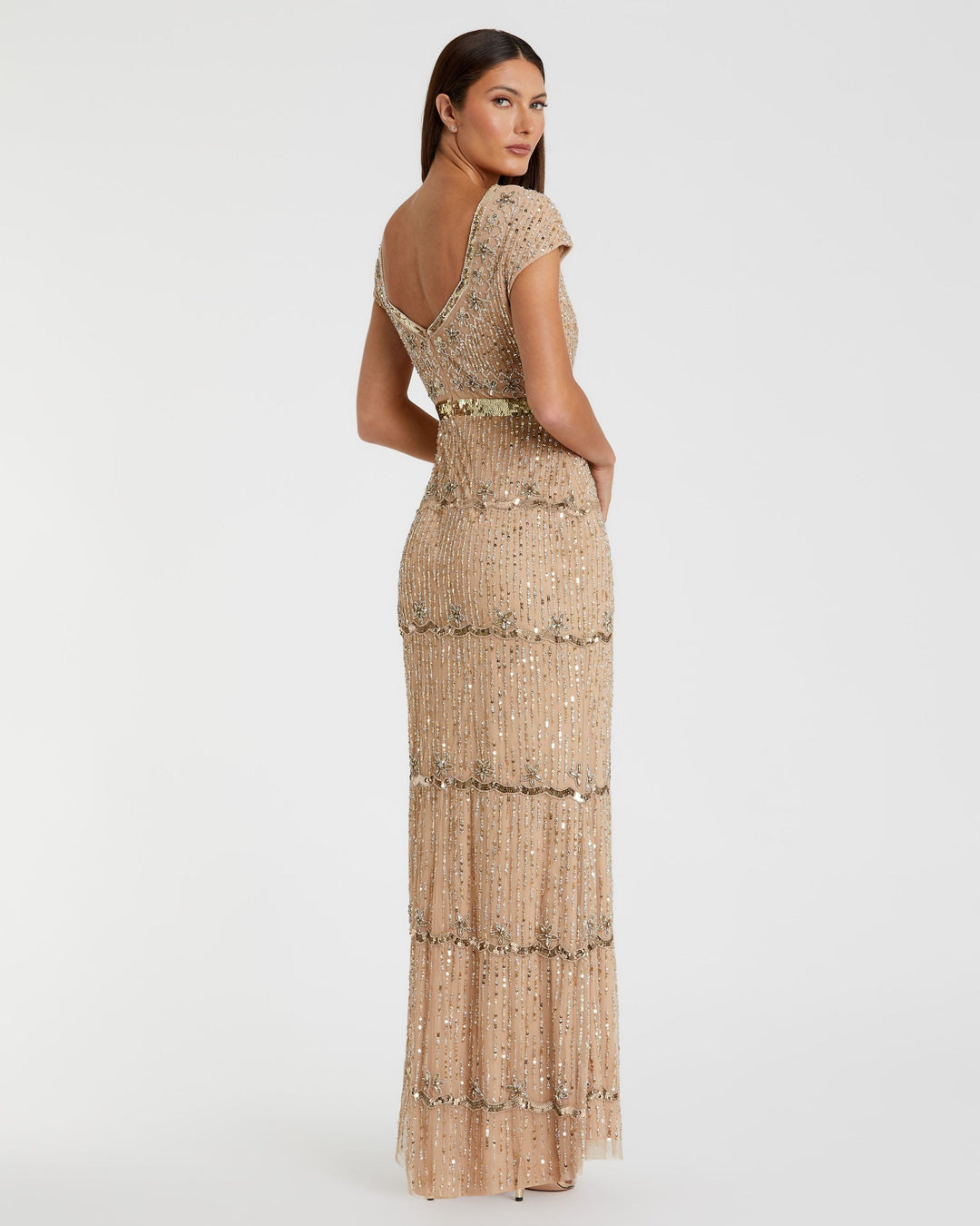 Mac Duggal 999089P Petite Gold Sequin Cap Sleeve Sweetheart Column Gown - FOSTANI.com