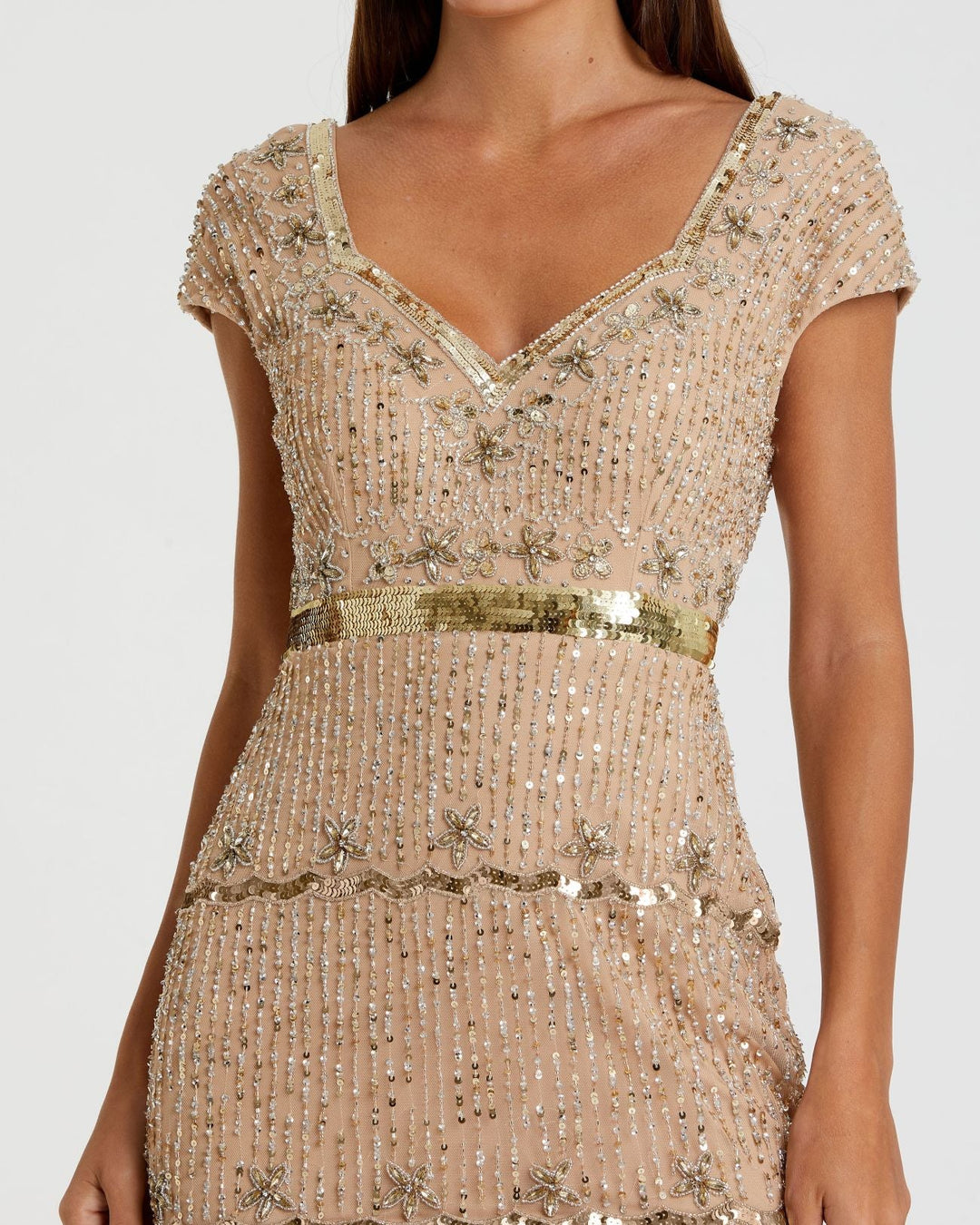 Mac Duggal 999089P Petite Gold Sequin Cap Sleeve Sweetheart Column Gown - FOSTANI.com