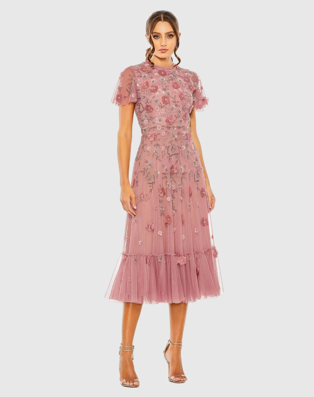 Mac Duggal 999212P Petite Pink Embellished High Neck Flutter Sleeve A Line Dress - FOSTANI.com