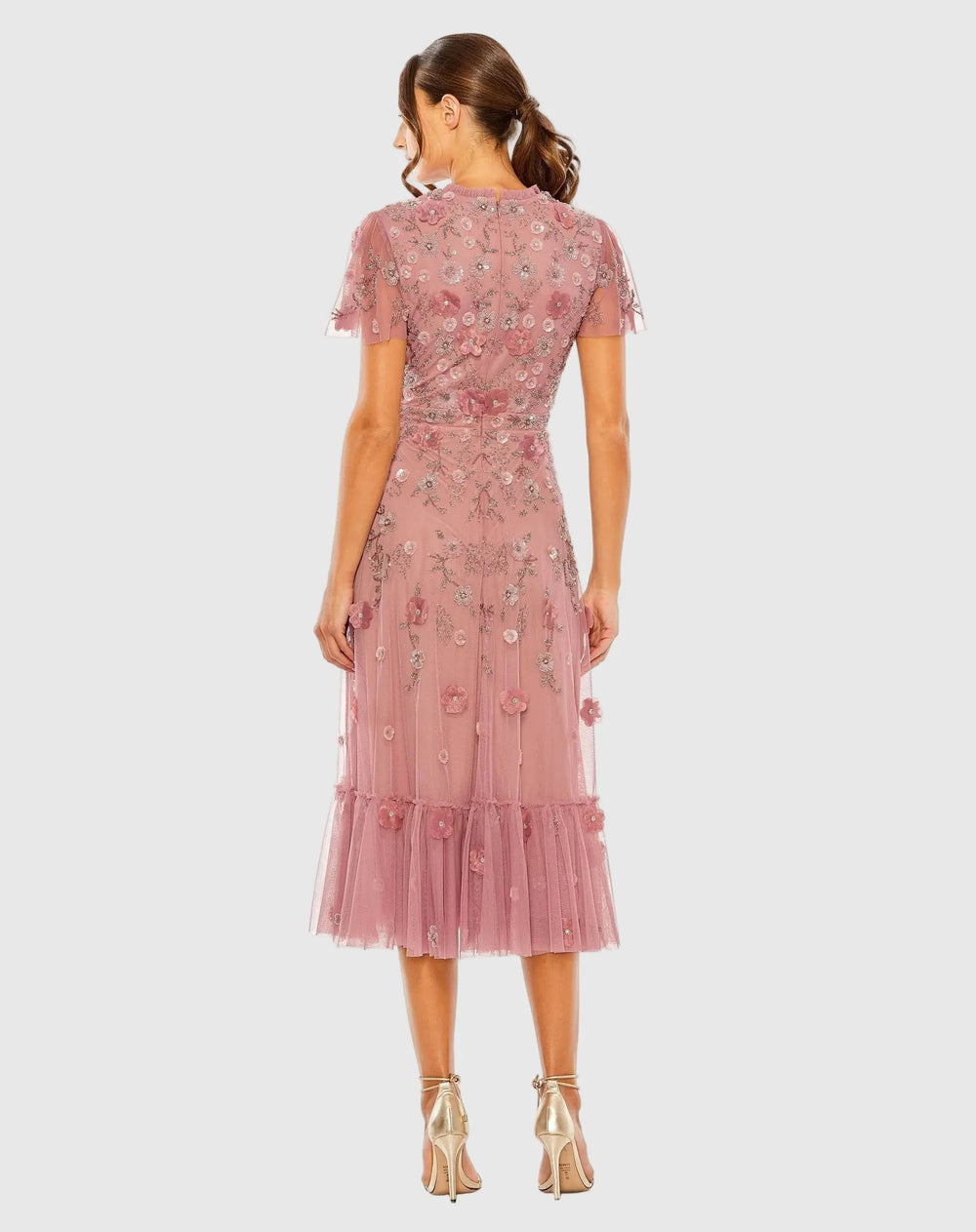 Mac Duggal 999212P Petite Pink Embellished High Neck Flutter Sleeve A Line Dress - FOSTANI.com