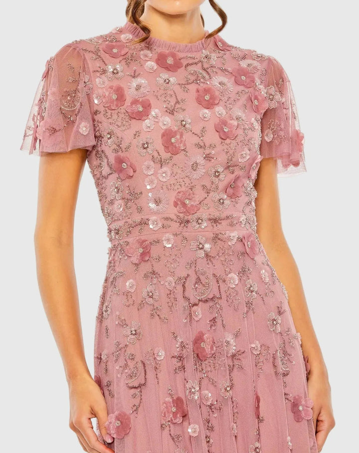 Mac Duggal 999212P Petite Pink Embellished High Neck Flutter Sleeve A Line Dress - FOSTANI.com