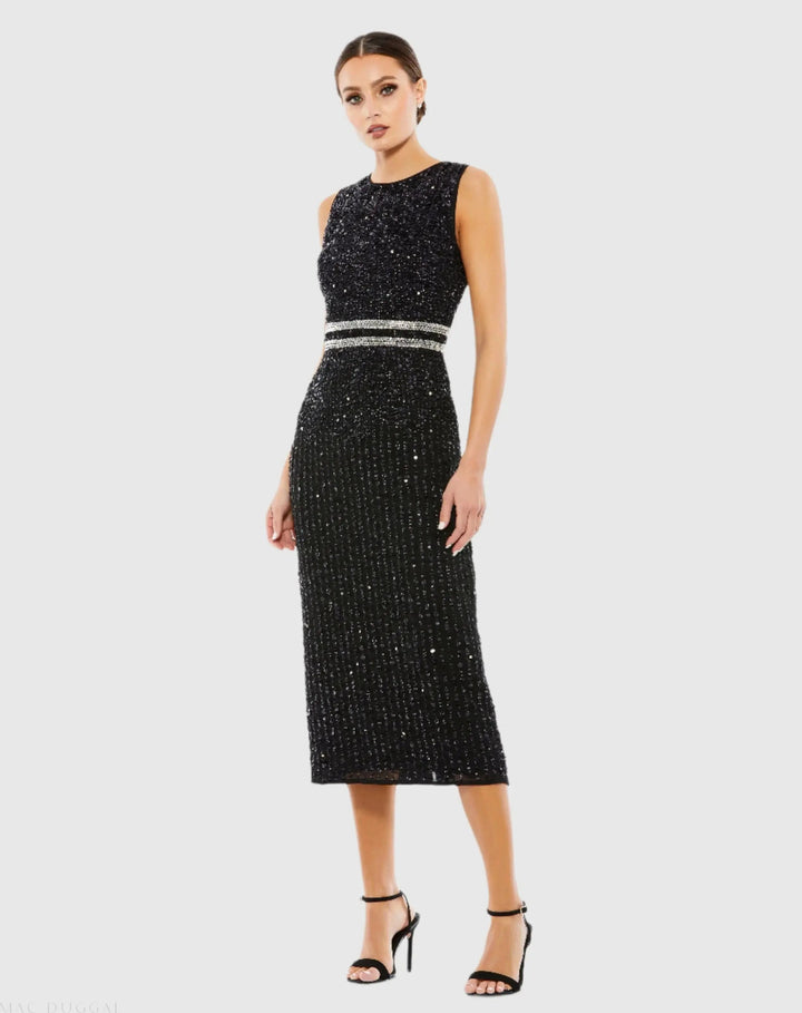 Mac Duggal A10509 Sleeveless High Neck Beaded Midi Sheath Dress