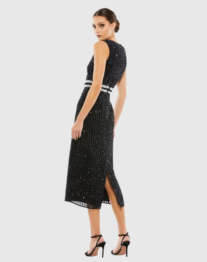 Mac Duggal A10509 Sleeveless High Neck Beaded Midi Sheath Dress