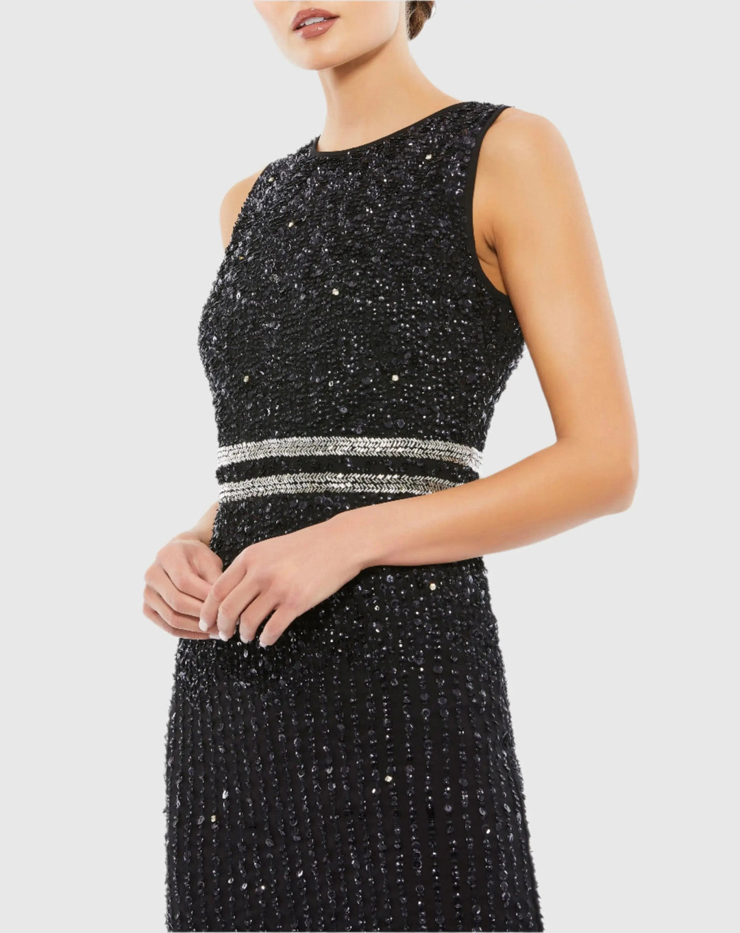 Mac Duggal A10509 Sleeveless High Neck Beaded Midi Sheath Dress