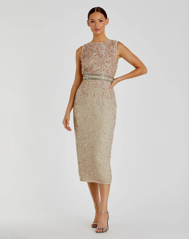 Mac Duggal A10509 Sleeveless High Neck Beaded Midi Sheath Dress