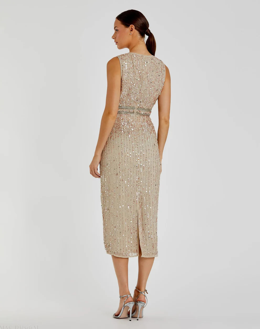 Mac Duggal A10509 Sleeveless High Neck Beaded Midi Sheath Dress