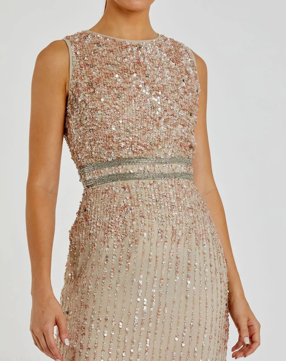 Mac Duggal A10509 Sleeveless High Neck Beaded Midi Sheath Dress