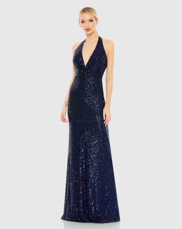 Mac Duggal A11277 Sequined Halter Strap Plunge Neck Gown