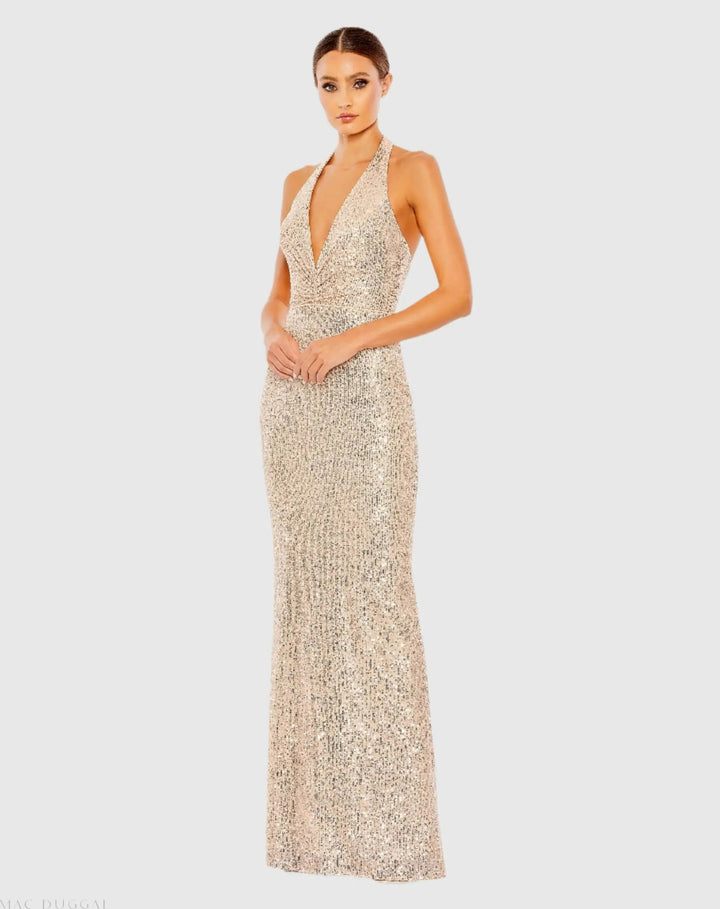 Mac Duggal A11277 Sequined Halter Strap Plunge Neck Gown