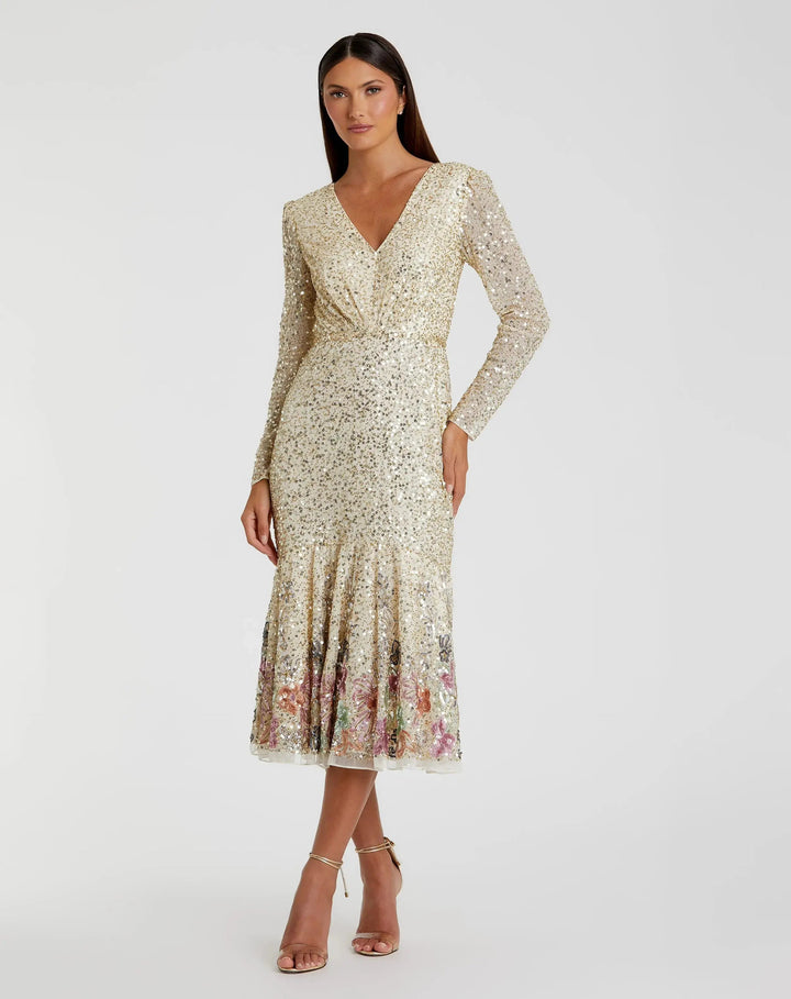 Mac Duggal A5589 Gold Multicolor Faux Wrap Long Sleeve Tea Length Dress