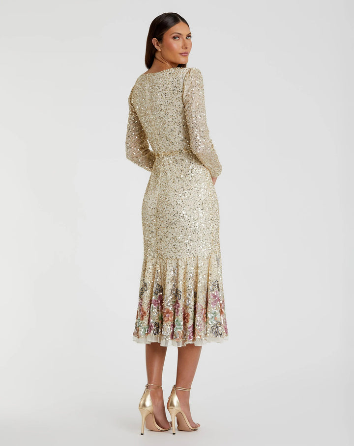 Mac Duggal A5589 Gold Multicolor Faux Wrap Long Sleeve Tea Length Dress