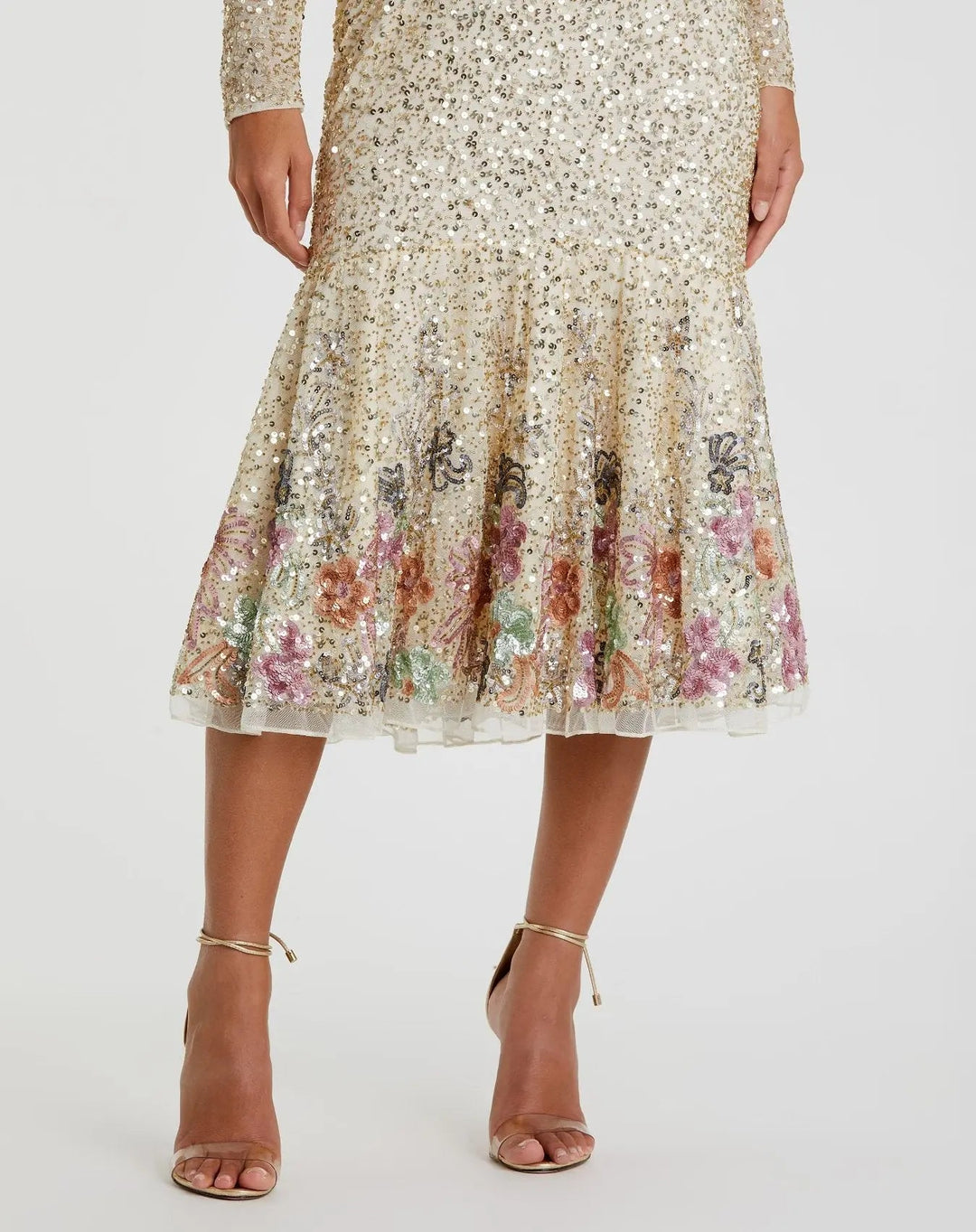 Mac Duggal A5589 Gold Multicolor Faux Wrap Long Sleeve Tea Length Dress