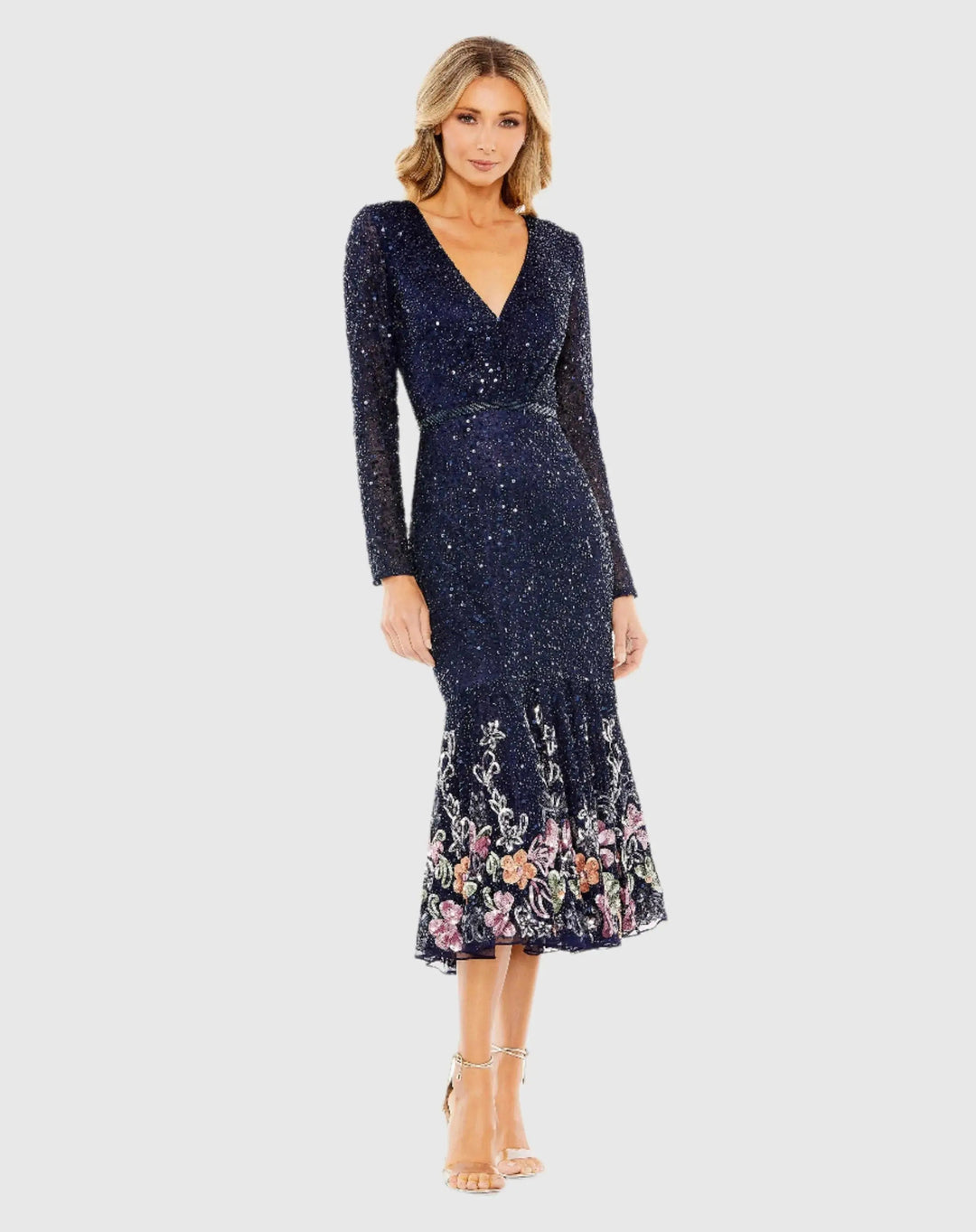 Mac Duggal A5589 Gold Multicolor Faux Wrap Long Sleeve Tea Length Dress