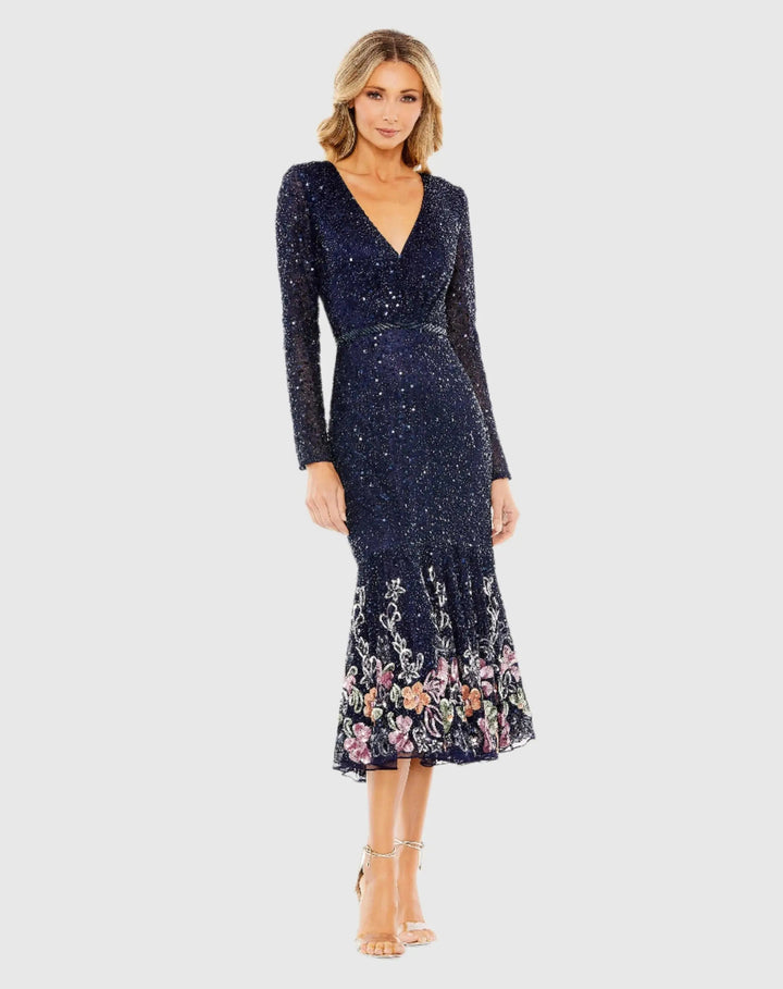 Mac Duggal A5589 Gold Multicolor Faux Wrap Long Sleeve Tea Length Dress