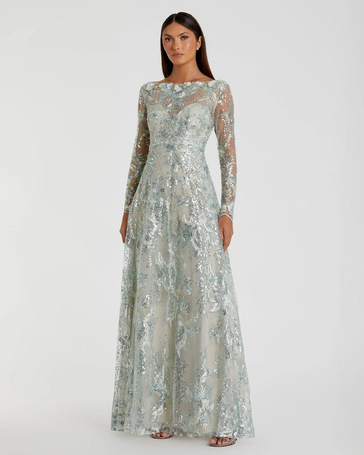Mac Duggal A67498 Floral Embroidered Illusion Long Sleeve Gown