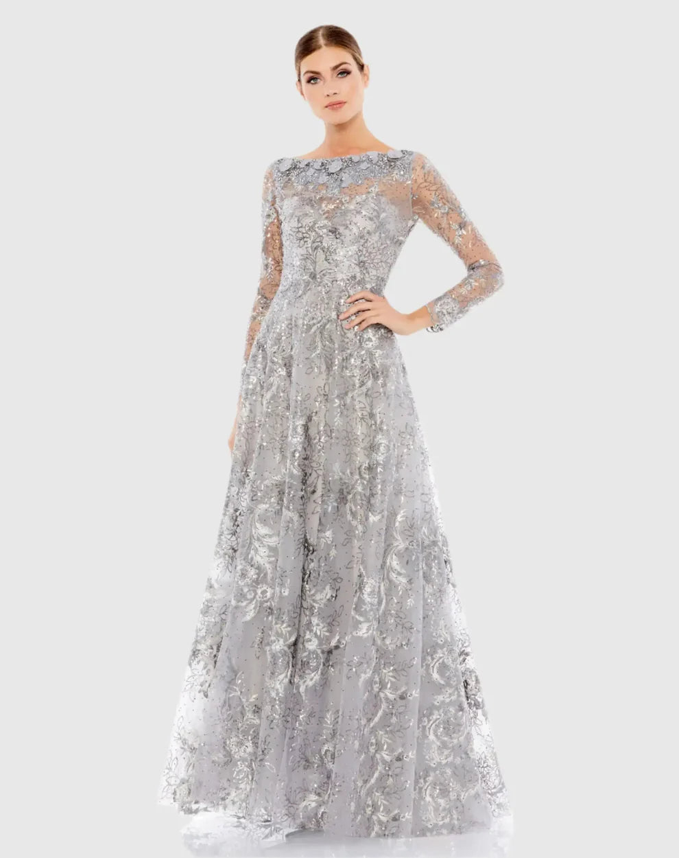 Mac Duggal A67498 Floral Embroidered Illusion Long Sleeve Gown