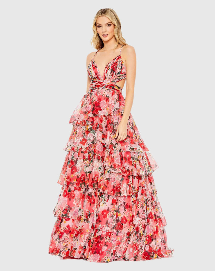 Mac Duggal A67985 Red Pleated Chiffon Cut Out Ball Gown