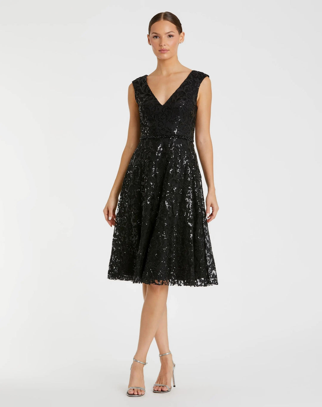 Mac Duggal A68012 Black V Neck Cap Sleeve Sequin Dress