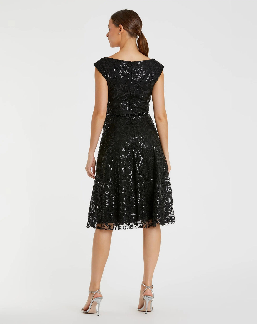 Mac Duggal A68012 Black V Neck Cap Sleeve Sequin Dress