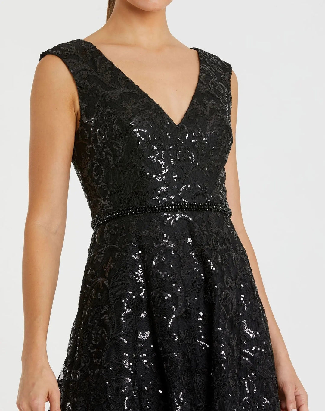 Mac Duggal A68012 Black V Neck Cap Sleeve Sequin Dress