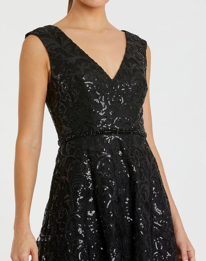 Mac Duggal A68012 Black V Neck Cap Sleeve Sequin Dress