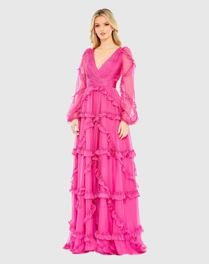 Mac Duggal A68223 Pink Ruffle A-line Gown with Sheer Long Sleeves