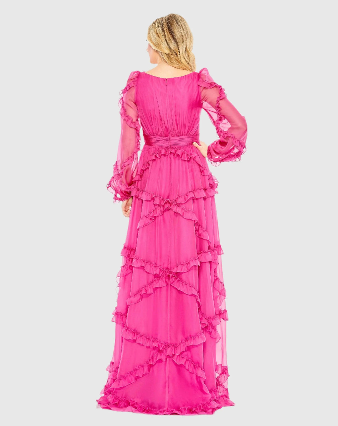 Mac Duggal A68223 Pink Ruffle A-line Gown with Sheer Long Sleeves