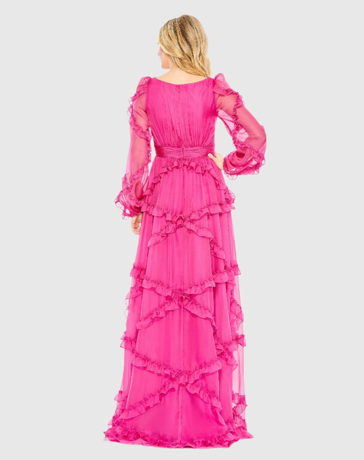 Mac Duggal A68223 Pink Ruffle A-line Gown with Sheer Long Sleeves